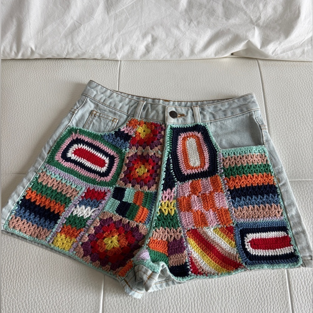 Farm Rio: Multicolor Crochet Patchwork Jean Shorts - Picture 5 of 5